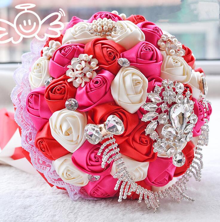 JaneVini Flores Boda Royal Blue Wedding Bridal Bouquet Luxury Crystal Beaded Bride Flower Bouquet Sposa Rhinestones Satin Brooch: Red