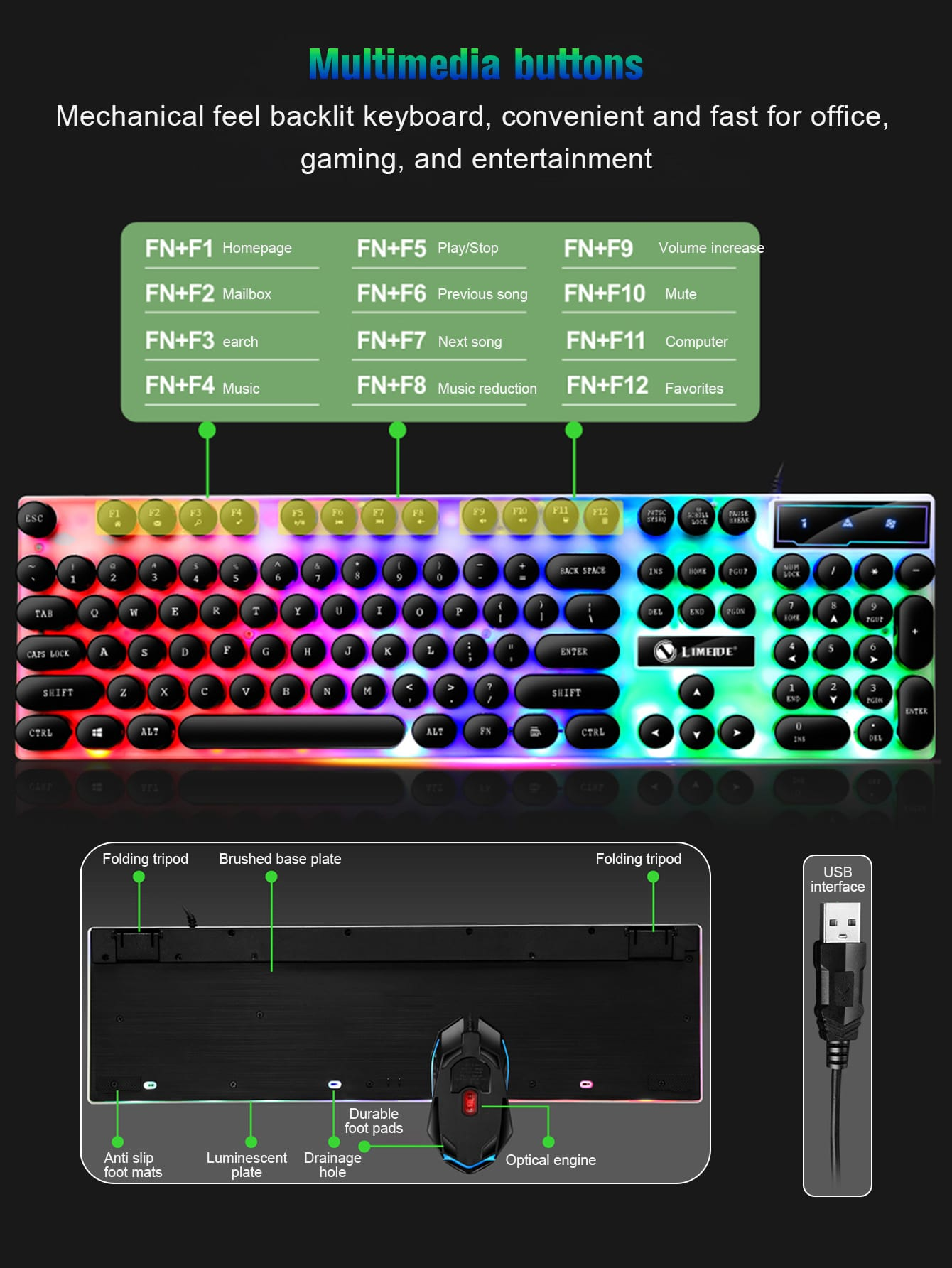 Glow Mechanical Feel Kabelgebundenes Tastatur- und Maus-Set, ergonomisches , geeignet für den Gaming- und Bürogebrauch