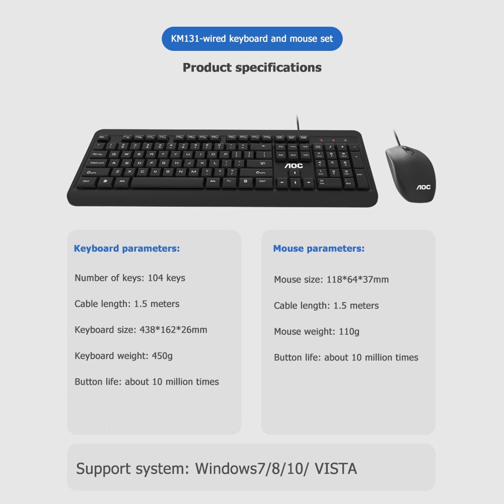 KM131/151 USB Wired 104 Keys Keyboard 3 Buttons Laptop Computer Ergonomic Mice Silent 1000 DPI Mouse Computer PC Combo: 131 Keyboard