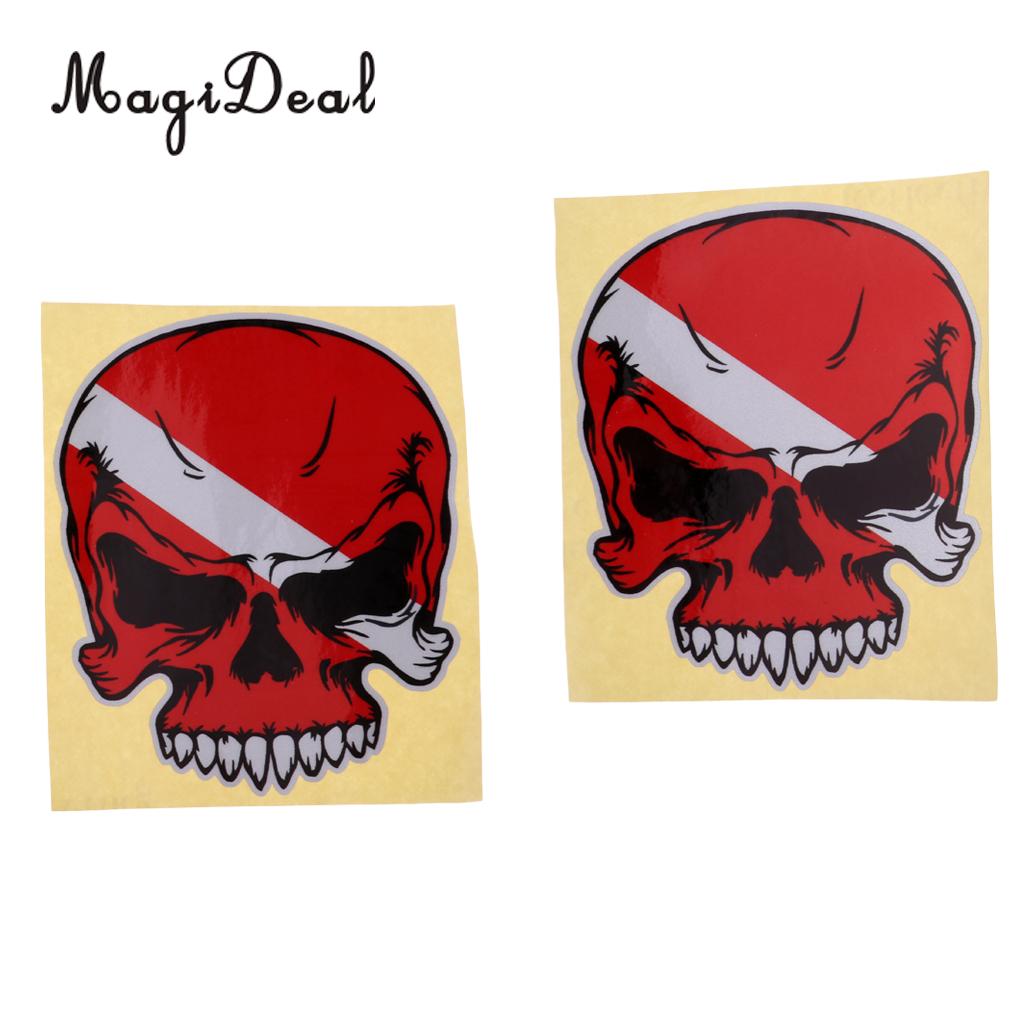 Pack 2 Large Reflective Skull, Diver Down, Fish Skeleton Sticker Decal for Scuba Diving, Snorkeling, Spearfishing, Freediving