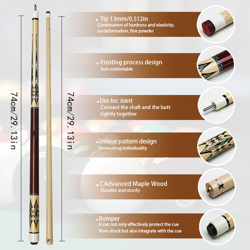 Nordamerikansk lönnmönstrad biljardkö med 13mm flerskiktade spetsar, biljardklubba för nybörjare, medelåldersspelare, 9-- bollars amerikansk biljardträning