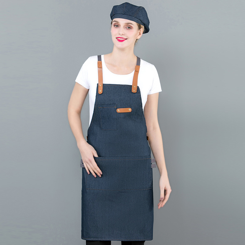 Denim køkkenforklæde med justerbart bomuldsrem store lommer blå barista mænd og kvinder homewear ærmeløst forklæde