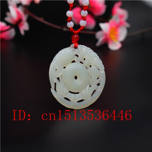 Natural Chinese White Jade Carving Hollow Fish Pendant Necklace Lucky Amulet Women Man Sweater Chain