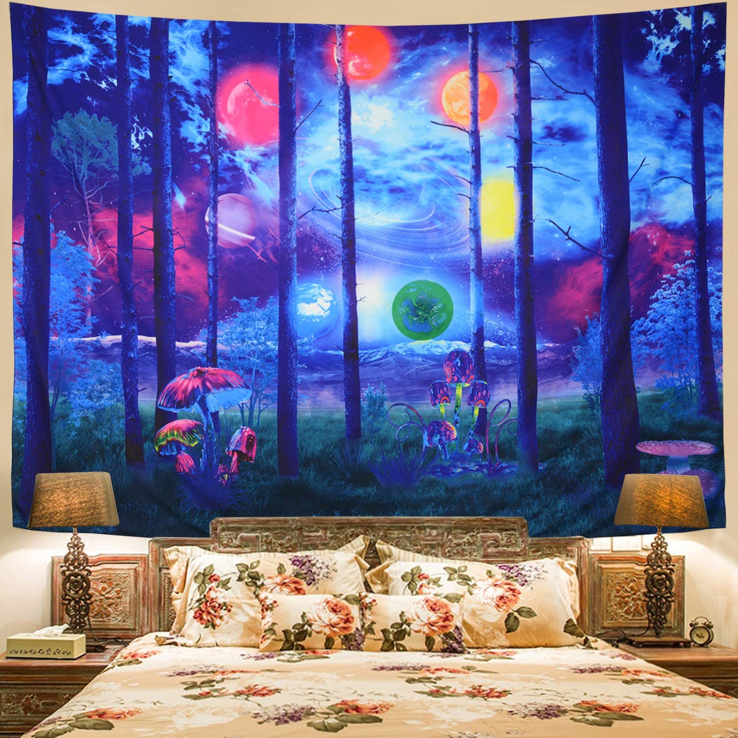 Psychodeliczny las natura planeta góra błękitne niebo Trippy grzyb gobelin joga medytacja ściany wiszące robić sypialni