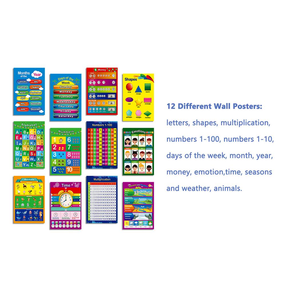 12 Pcs Educational Preschool Posters Charts For Preschoolers Toddlers Kids Kindergarten Classrooms