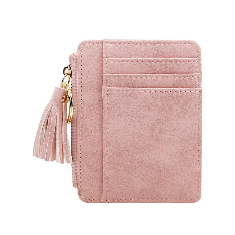 Matt Leather Mini Tassel Women Card Holder Cute Credit ID Card Holders Zipper Wallet Case Change Coin Purse Keychain Nubuck: Pink