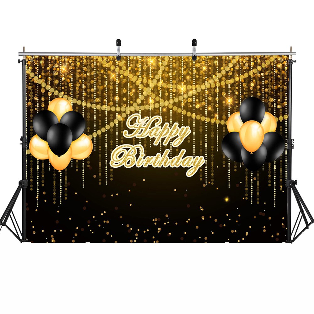 Golden Glitter Happy Birthday Backdrop Photocall Bokeh Balloons Adult Birthday Party Photo Background Black Gold Dots Backdrops