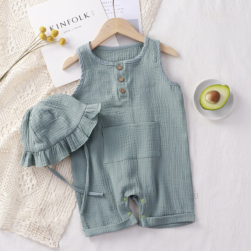 Peleles de verano para niños y niñas, monos sólidos sin mangas de algodón orgánico con botones, monos Unisex para bebé, ropa de una pieza: green / 66(0-6M)