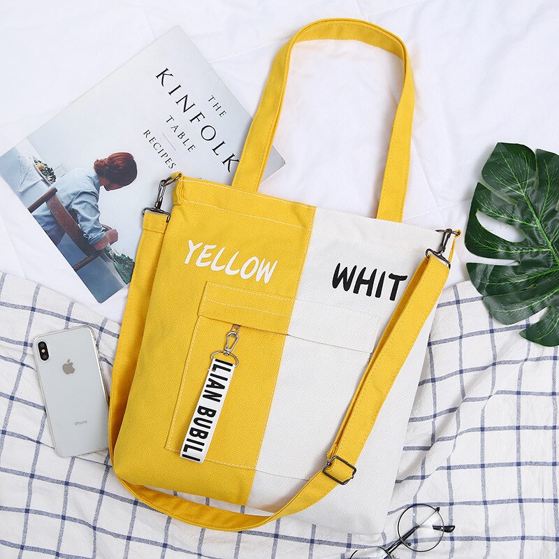 Sac en toile de grande capacité pour femmes, sac à bandoulière décontracté et assorti, sacoche à fermeture éclair pour étudiants, sac d&#39;école,: Yellow-White