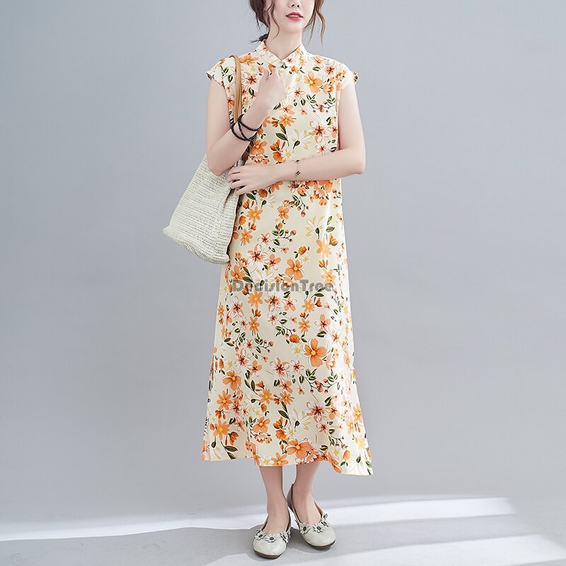 Vrouwen Dagelijks Qipao Linnen Cheongsam Bloem Print Moden Dagelijks Qipao Jurk Elegante Partij Dans Kostuum Cheongsam Jurk