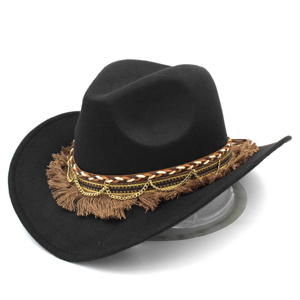 Mistdawn-sombrero vaquero occidental para mujer, gorra de disfraz de vaquera, visera ancha de lana, banda trenzada, talla 56-58cm, BBG: Black