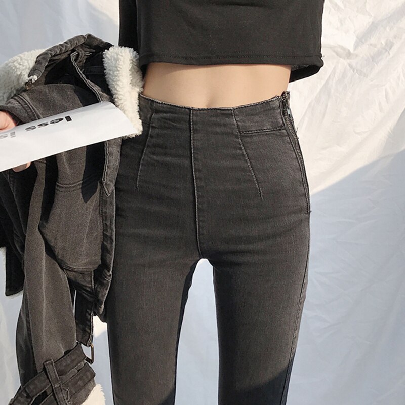 Pantalones vaqueros ajustados de cintura alta con cremallera lateral para mujer, vaqueros negros sencillos, informal,