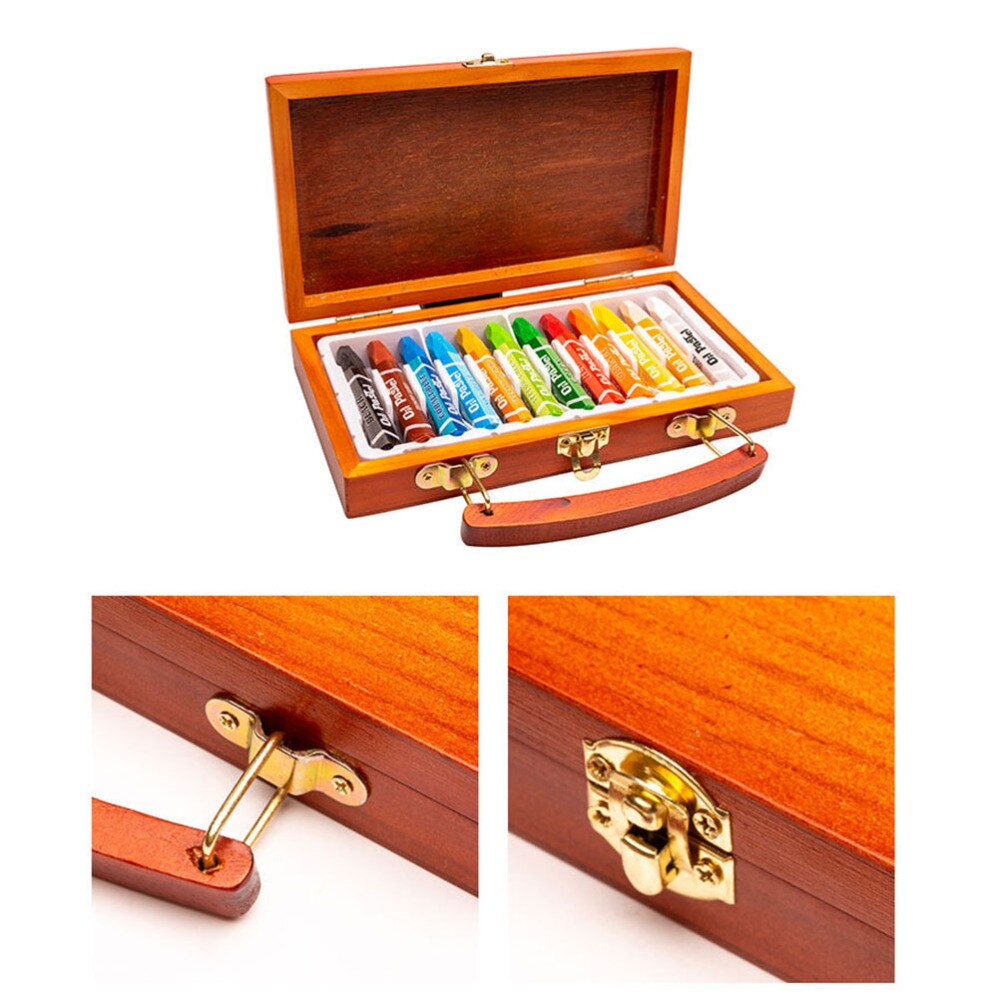 1 Box 12 Colors Crayon Painting Colour Pen School Supplies with Wooden Storage Case