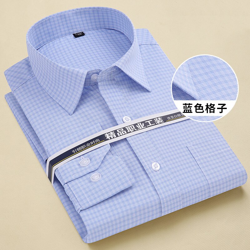 Light Blue Plaid Shirt For Men Long Sleeve Dress Shirts Regular Fit Checked Male Clothing Chest Pocket: Blue Plaid Shirt / XXXL