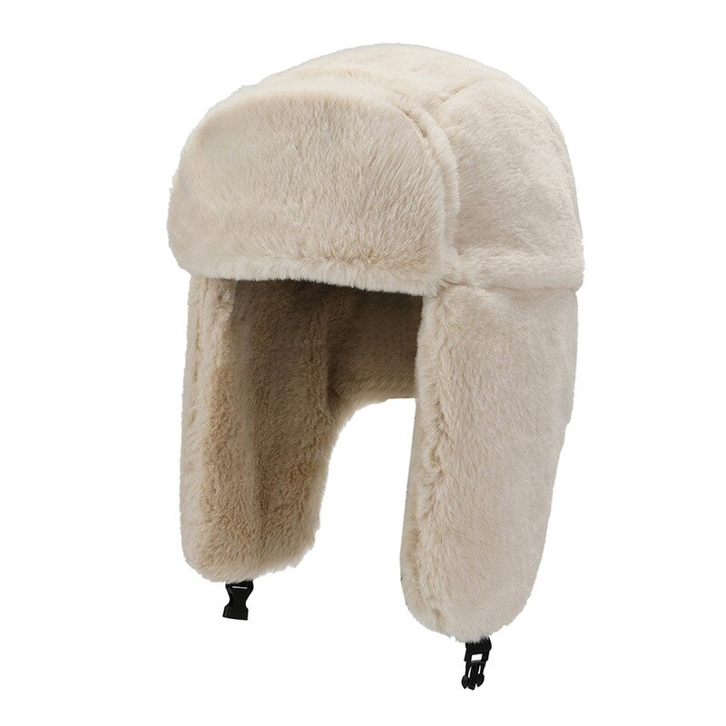 Winter Outdoor Riding Ski Hat With Earmuffs Thick Warm Soft Plush Faux Rabbit Fur Cap Women Windproof Russian Bomber Hat: Beige White