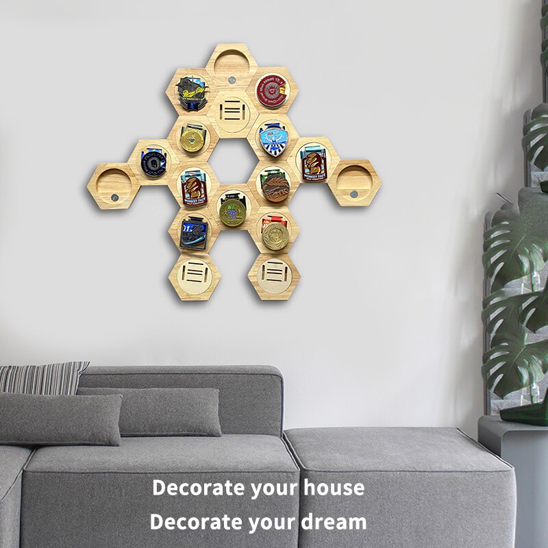 6Pcs Hexagon Medaille Display Rack Houten Medaille Opslag Planken Honingraat Medaille Houder Organizer Display Hanger Gratis Combinatie