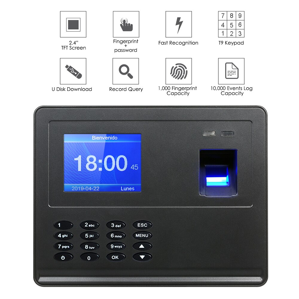 Biometric Fingerprint Attendance Machine 2.8" Display USB Fingerprint Attendance System Time Clock Employee Checking-in Recorder
