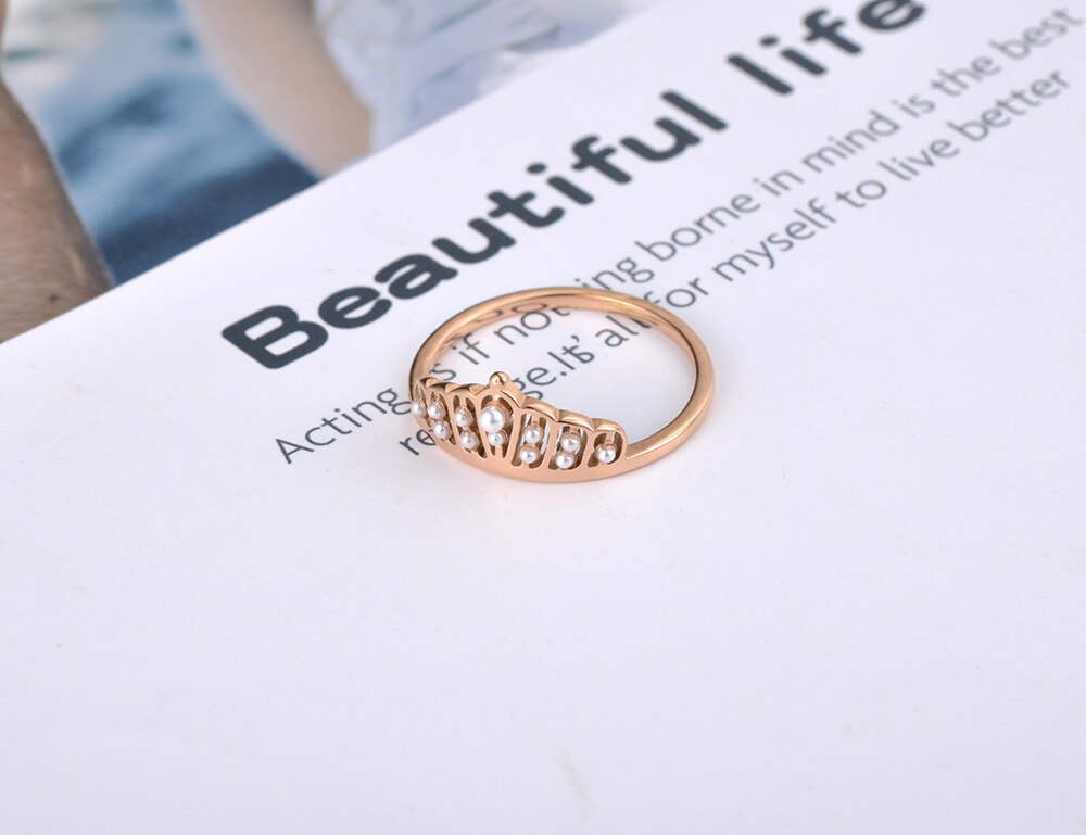 Lokaer Titanium Stainless Steel White Pearl Crown Ring Trendy Rose Gold Anniversary Wedding Rings Jewelry For Women Girls R19090