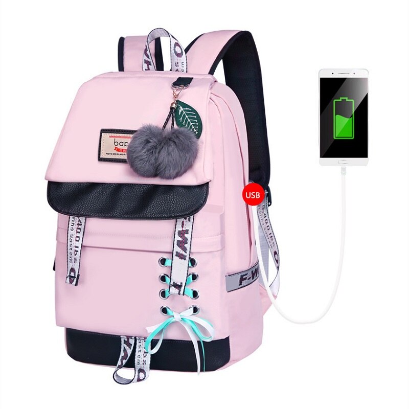 Fengdong Schooltassen Voor Tienermeisjes Koreaanse Stijl Schooltas Schattige Zwarte Strik Rugzak Kind Boek Tas Usb Reizen Rugzak: 688 all pink