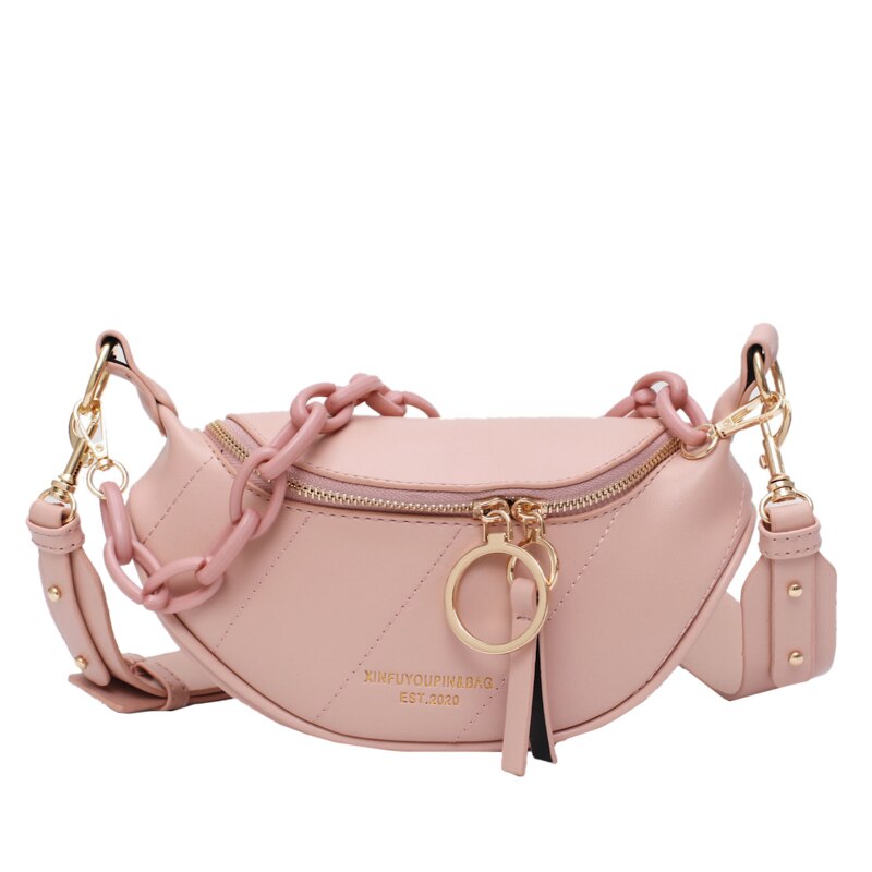 Shoulder Bag Women's Banana Pouch Solid Color PU Leather Chest Bag ladies Female Small Waist-Bag Black white Belt Bag: Pink