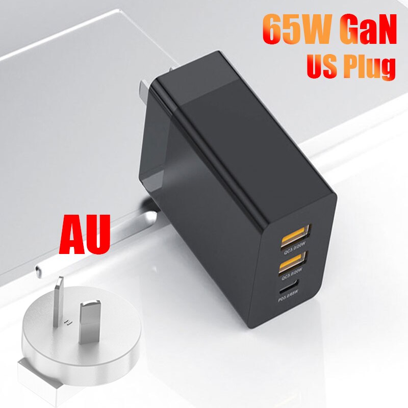 65W USB Fast Charging Adapter Universal PD Type C Quik Charge 3.0 GaN Charger For Samsung Xiaomi iPhone 12 11 Pro Mobile Phone: Black / AU GaN Charger