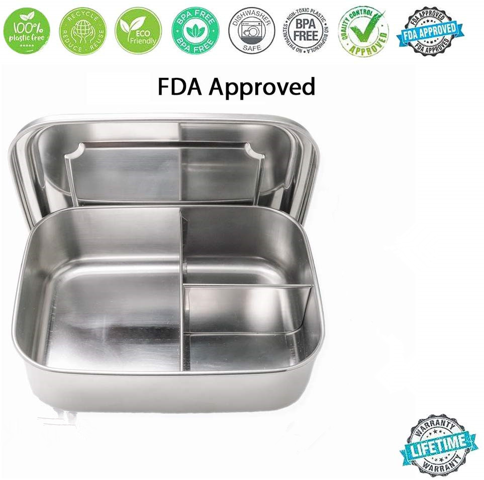 Stainless Steel Bento Lunch Box Containers with 3 Compartments , Metal Lunch Box for Kids or Adults BPA Free