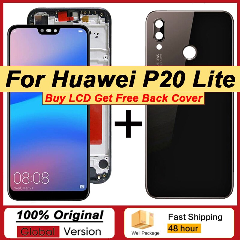 100% Original 5.84&#39;&#39; Display + Frame for Huawei P20 Lite Nova 3e LCD Touch Screen ANE-LX1 ANE-LX3 Repair Parts + Back Glass