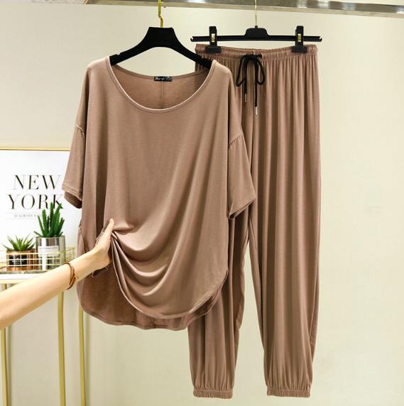 Pyjama ample grande taille pour femmes, vêtements de maison, ensemble deux pièces en coton, manches courtes, pantalon,: khaki