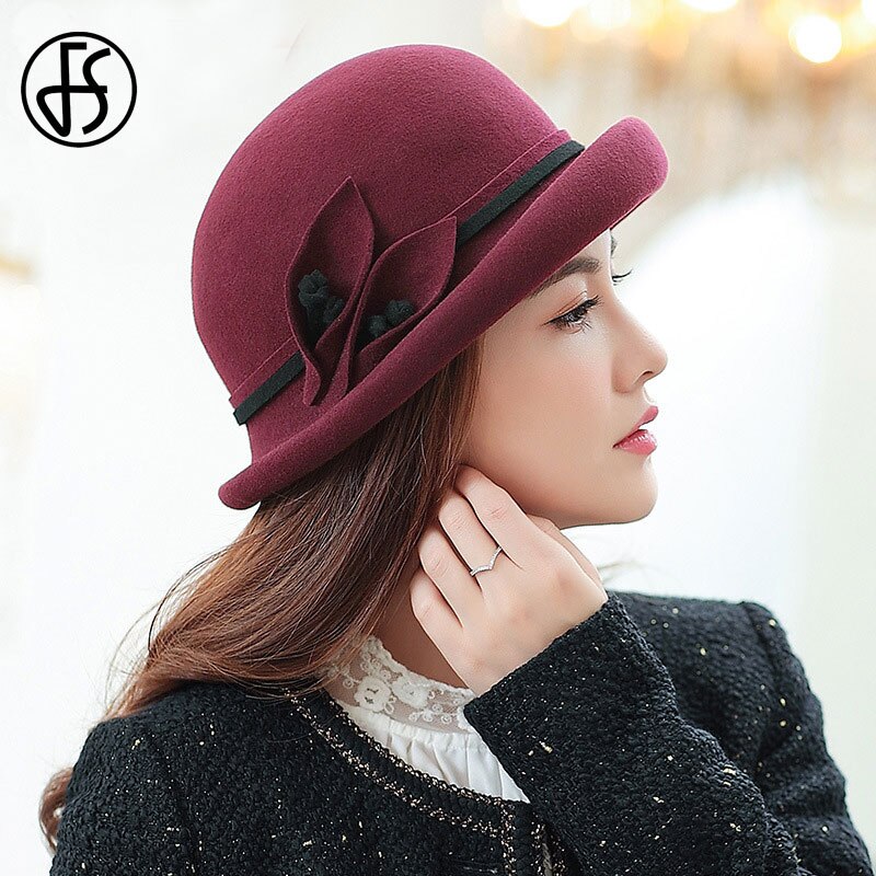 FS Winter Women Fedora Hat Wide Brim Wool Felt Bowler Hats Chapeau Femme Feutre Cloche Ladies Black Khaki Church Caps: wine red