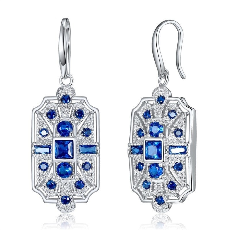 Art Deco Blue Stone Dangle Earrings Hook Earring CZ Women Charm Bridal Engagement Wedding Jewelry: Blue