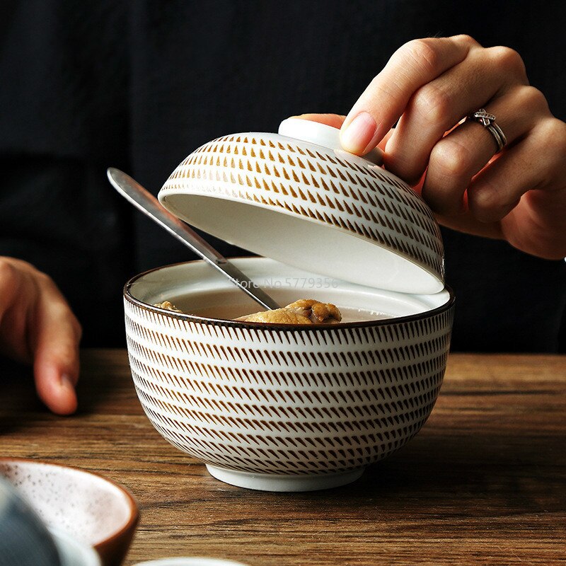 Cuenco de cerámica para sopa, tazón japonés de 4,5 pulgadas y 6,5 pulgadas con tapa, tazón de porcelana azul y blanca para arroz, tazón para sopa y estofado de