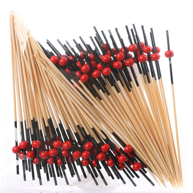 100PCS Gold Beads Bamboo Fruit Sticks For Kids Cocktail Decoration Picks Salad Sandwich Buffet Toothpicks Wedding Party Supply: Black Red Beads