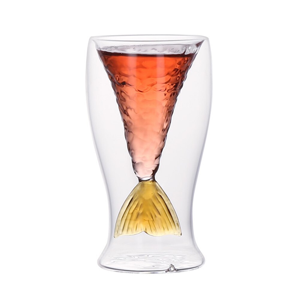Set of 2 100ml Mermaides Fish Tail Wine Glass Double Layer Beer Whiskey Cocktail Mug Cup: Yellow