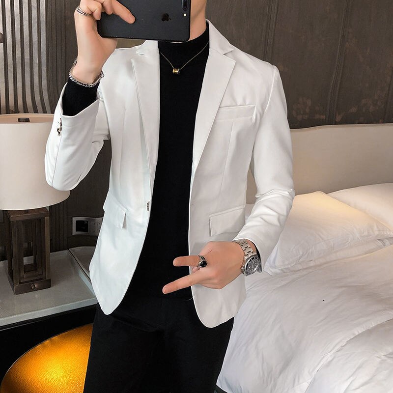 Blazer en cuir pour hommes, costume coréen, Slim, , automne hiver: White / Korean 3XL