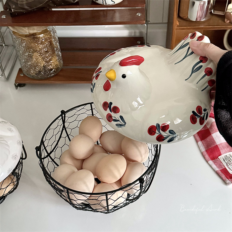 Cesta de almacenamiento de huevos de cerámica con de pollo, cesta de hierro con capacidad para 20-25 huevos, soporte para huevos, estuche organizador, contenedor, soporte para cesta de huevos