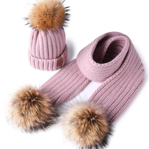 FURTALK Winter Kinderen Hoed Beanie Echte Wasbeer Bont Pompom Hoed en Sjaal Meisjes Bont Hoeden Jongens Caps Sjaals HTWL029: Roze / 0.5-4 years