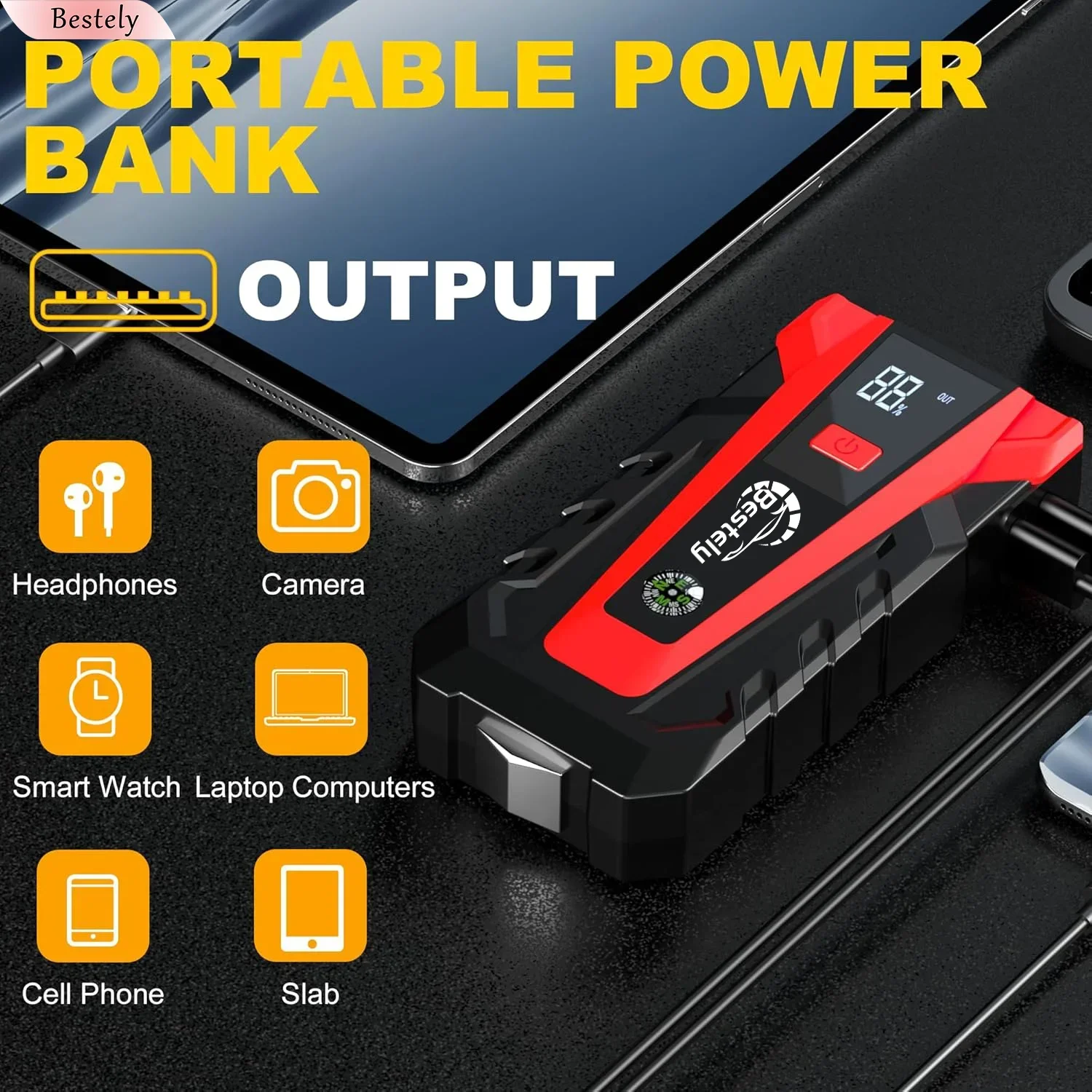 12v Car Battery Jump Starter,3000A Peak Jump Starter Battery Pack,Portable Jump Box withwith Full LCD Screen & LED Light & USB