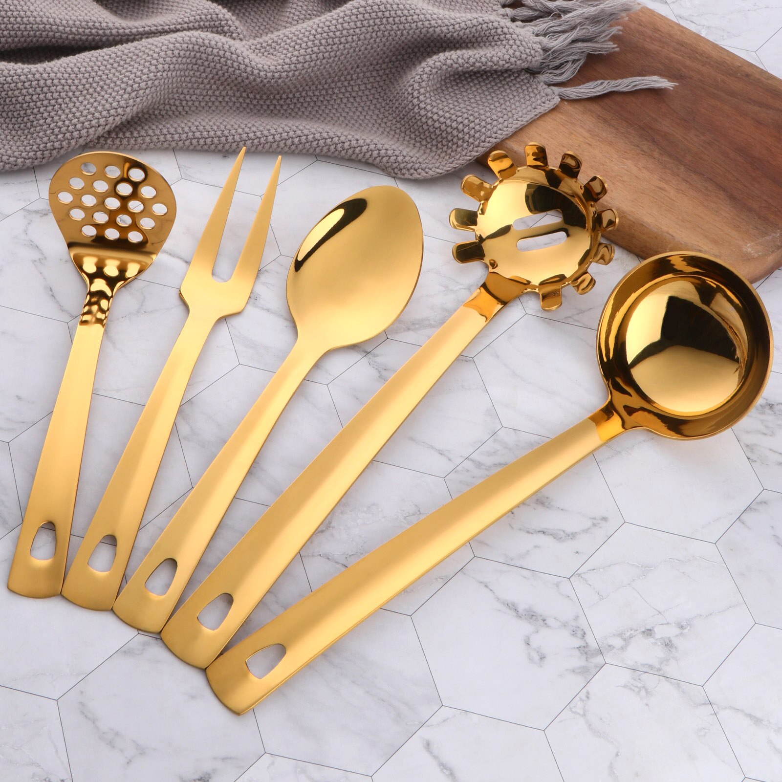 5Pcs Kitchen Utensils Set Stainless Steel Cooking Soup Spoon Spaghetti Ladle Potato Masher Serving Fork Set Hangable Kitchenware