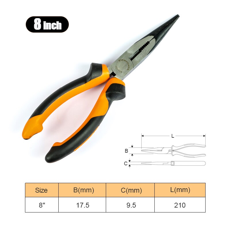 NINDEJIN 1pcs long nose pliers 6 inch 8 inch high carbon steel needle nose pliers wire pliers cutter repair tools: 8 inch