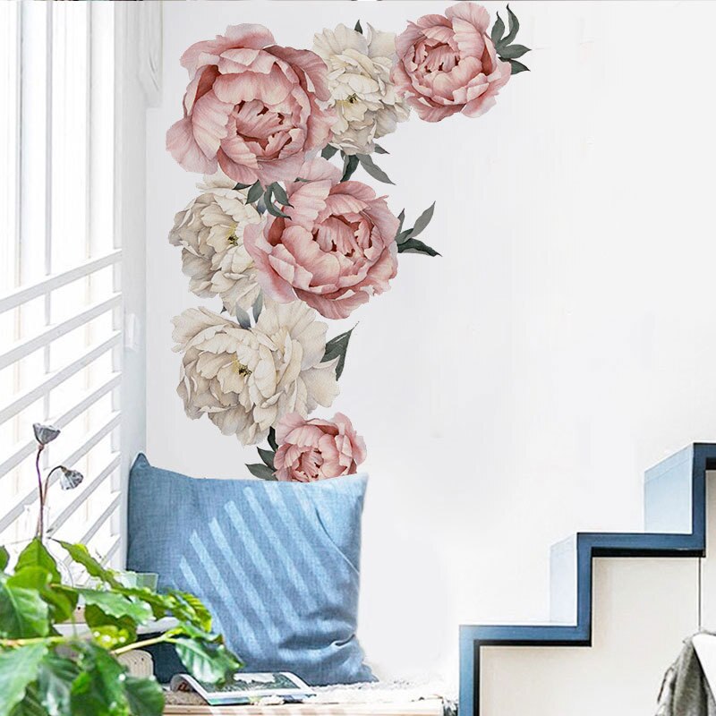 Pegatinas de pared de flores rosas grandes para decoración del hogar, calcomanías de vinilo de 71,5x102cm para dormitorio y sala de estar