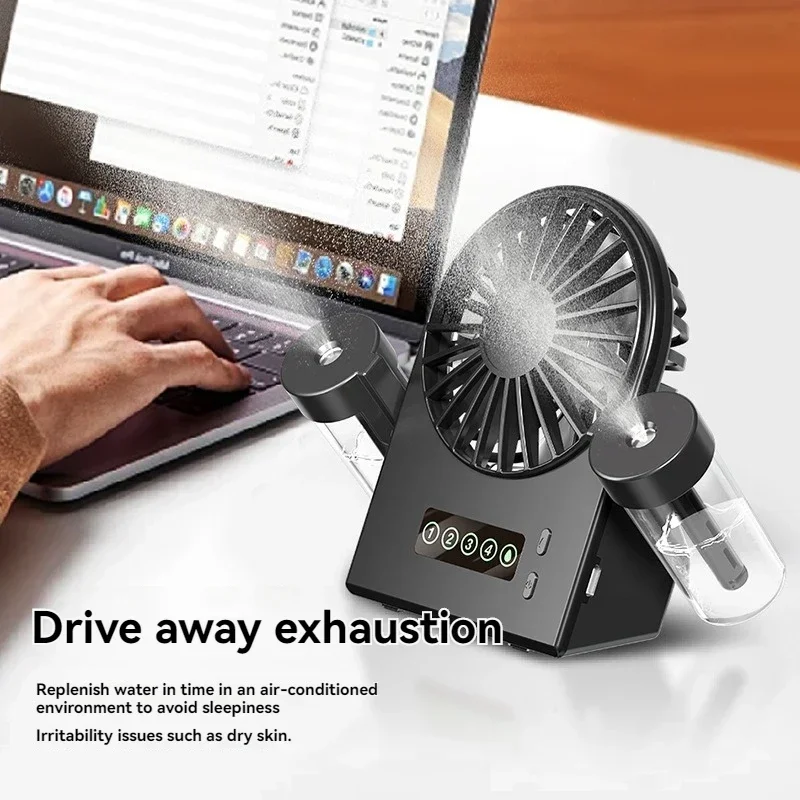 Dual Mist USB Humidifier Fan - 2-in-1 Desktop Cooler with 4 Speeds, 1200mAh Battery & Digital Display for Office/Home