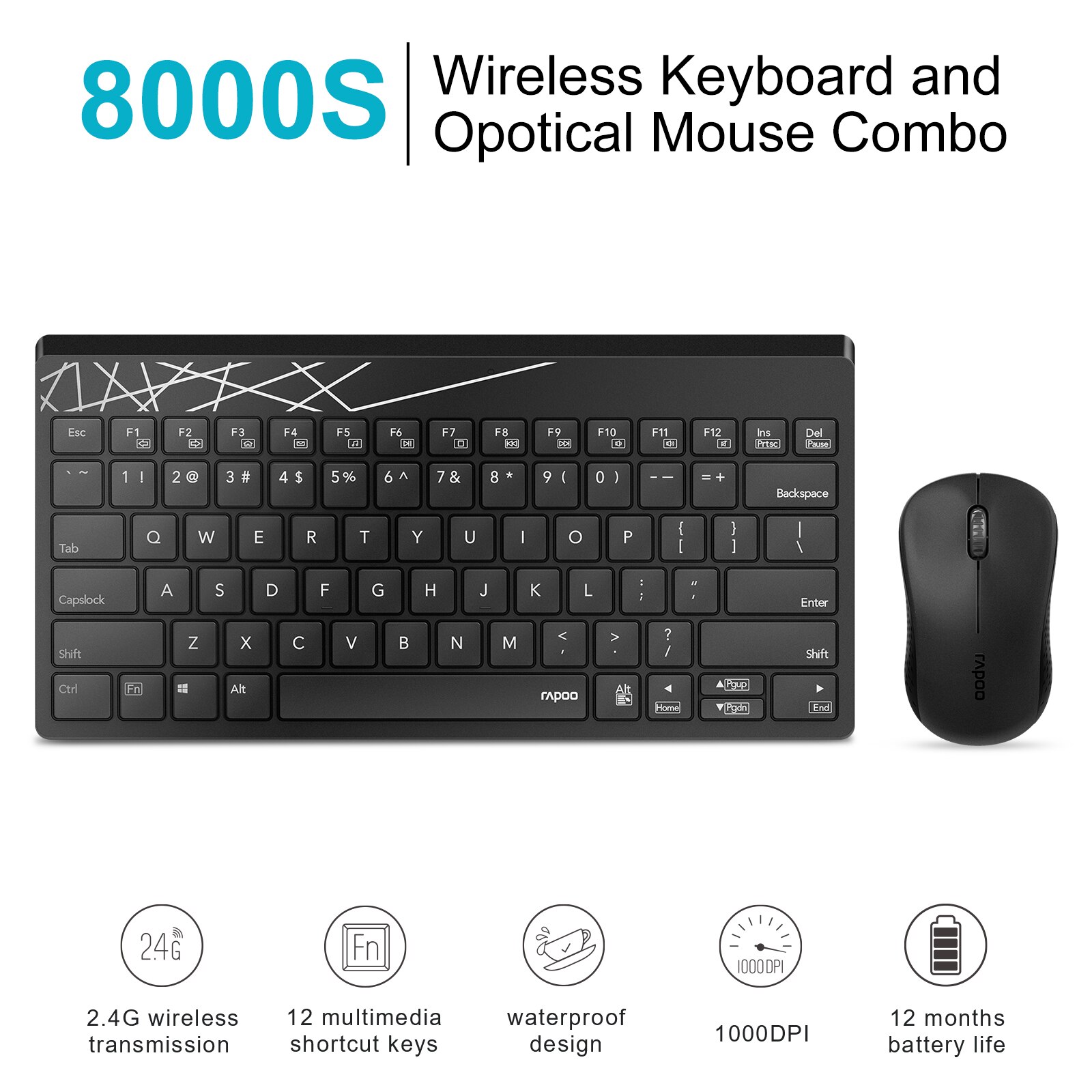 Originele Rapoo 8000S Waterdichte 2.4Ghz Draagbare Draadloze Mute Toetsenbord Met 1000Dpi Draadloze Muis Lange Levensduur Batterij