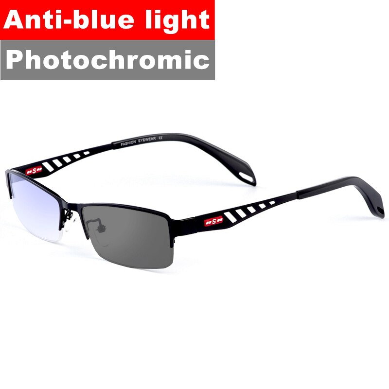 Fotokromisk progressiv multifokal læsebriller mænd anti blue ray presbyopiske briller færdig metal halv ramme: Sph 0 tilføj 200