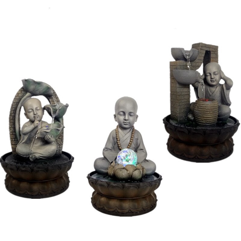 Handgjord zen harts buddha staty meditation munk rinnande vatten ljud vattenfall fontän peaeful skrivbords fontäner luft luftfuktare