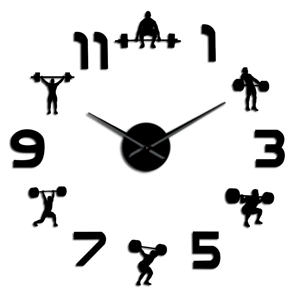 Weightlifting Fitness DIY Large Wall Clock Powerlifting Bodybulding Frameless Giant Wall Watch 3D Mirror Effect Wall Sticker: Black / 47inch