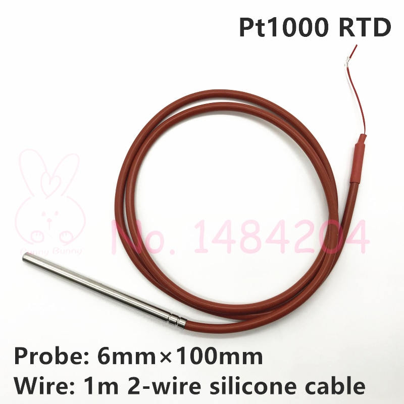 Waterproof PT1000 Temperature Sensor -40~400C Probe DIA 6mm Insert Length 100mm Heat Resistant 2 Wire 1m Silicone Wire