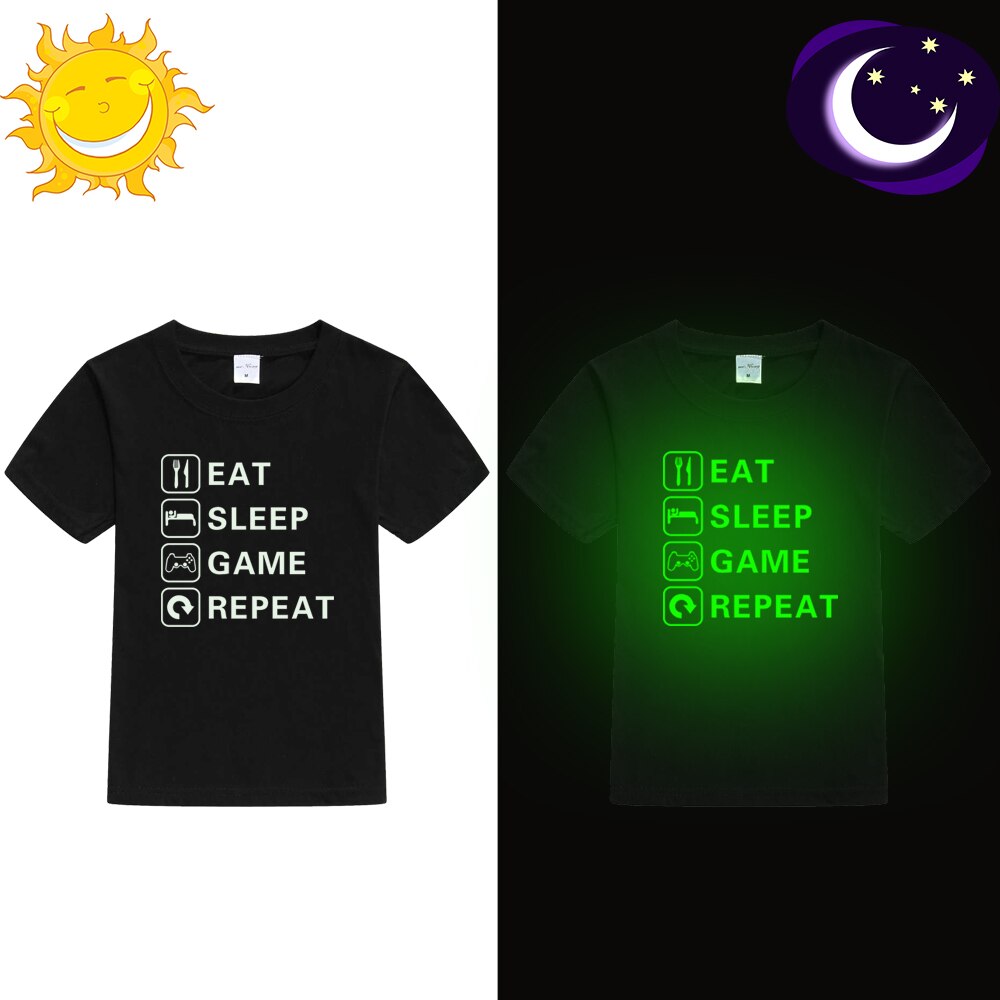 Kids Boy Eat Sleep Game Repeat Print Luminous T Shirt Children Summer Short Sleeve Noctilucent Tops Boy Casual Funny T-shirt: 12T