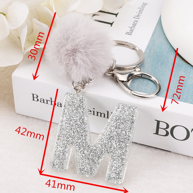 1 PC Sleutelhanger Zilver Kleur Engels Brief Sleutelhanger met Puffer Bal 26 Engels woord Glitter Hars A TOT Q Handtas bedels voor Vrouw
