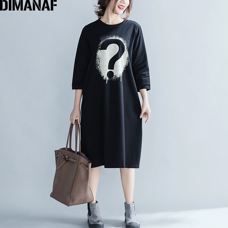 Dimanaf plus size höst kvinnor klänningar dam casual vestidos bomull tjocka tryck kvinnliga kläder lös grundläggande svart klänning