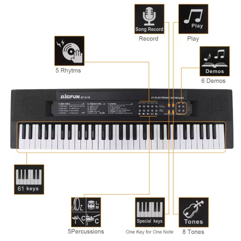 Bigfun teclado eletrônico piano 61 teclas de música digital placa chave com microfone crianças órgão eletrônico musical